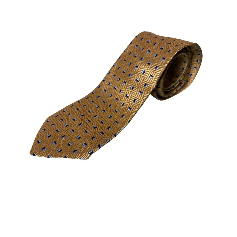 Brooks Brothers Mens Silk Tie Gold Navy Geometric Square Stain Resistant USA